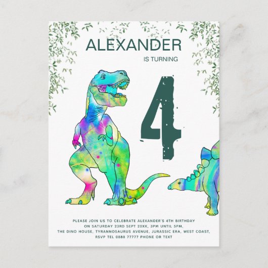 Begroting kleurrijke T Rex Birthday Uitnodiging Briefkaart (Voorkant)