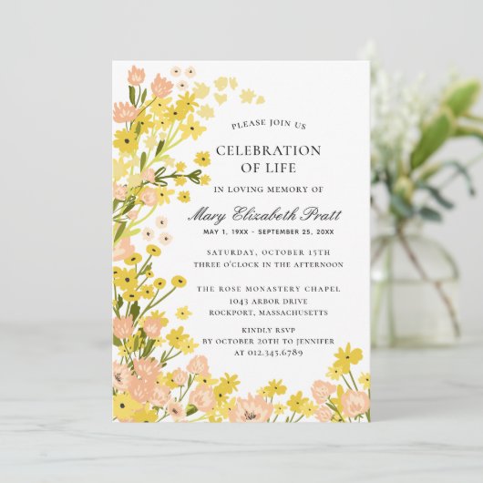 Begroting Land Yellow Pink Foral Funeral Kaart (Staand voorkant)