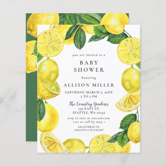 Begroting Lemon Gender Neutral Baby shower Invitat (Voorkant / Achterkant)