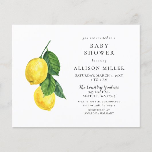Begroting Lemon Gender Neutral Baby shower Invitat (Voorkant)