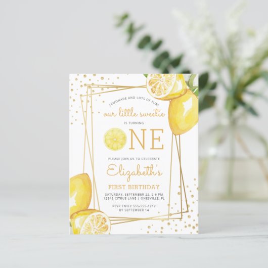 Begroting Lemon Waterverf 1e verjaardag Uitnodigin (Staand voorkant)