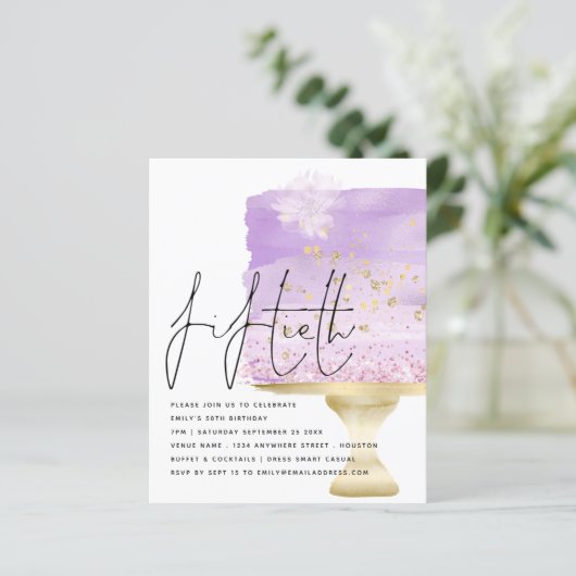 Begroting Lila Birthday Cake 50th Party Invite (Staand voorkant)
