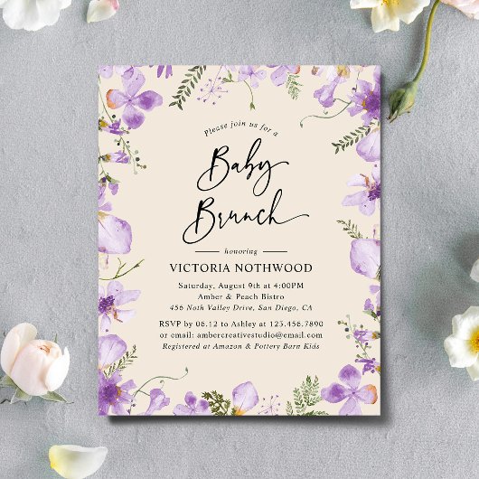 Begroting Lila Uitnodiging voor Rustic Floral Baby