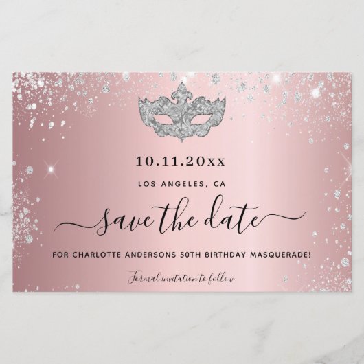 Begroting masquerade party blush roze save the dat (Voorkant)