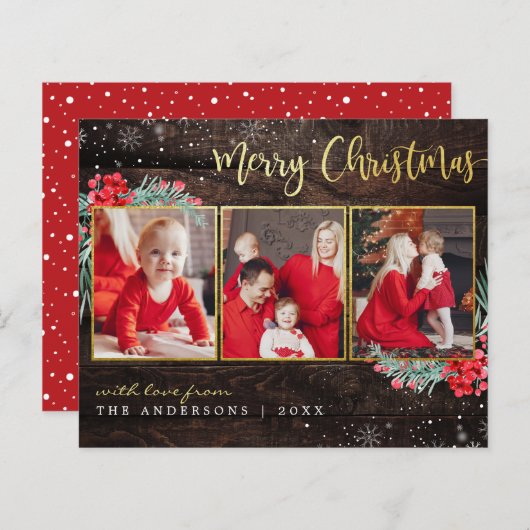 Begroting Merry Kerstmis Gold Wood 3 Foto Collage (Voorkant / Achterkant)