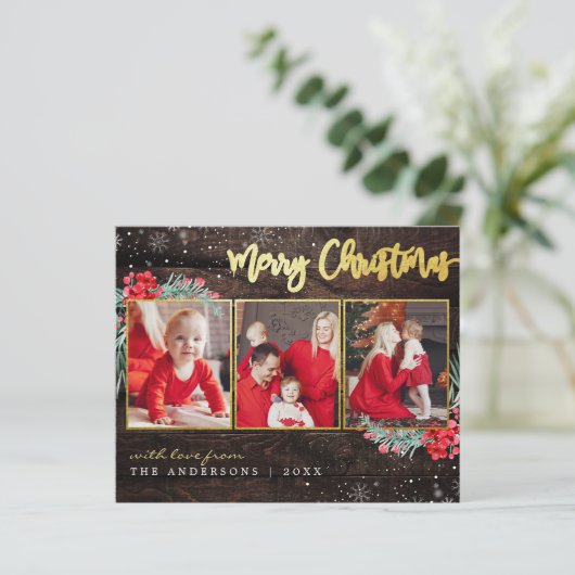 Begroting Merry Kerstmis Gold Wood 3 Foto Collage (Staand voorkant)