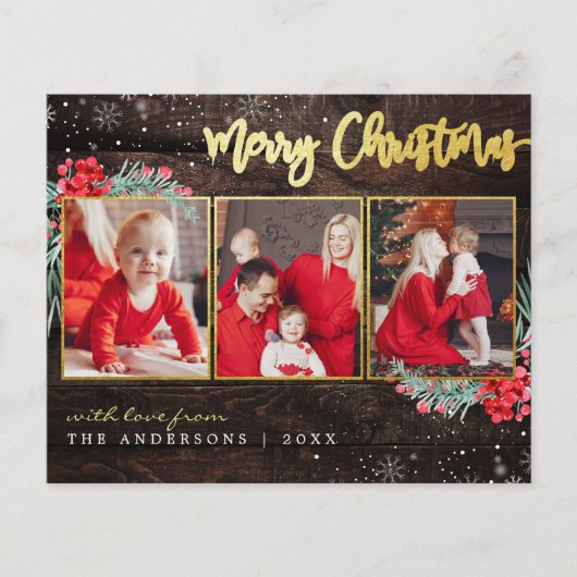 Begroting Merry Kerstmis Gold Wood 3 Foto Collage (Voorkant)
