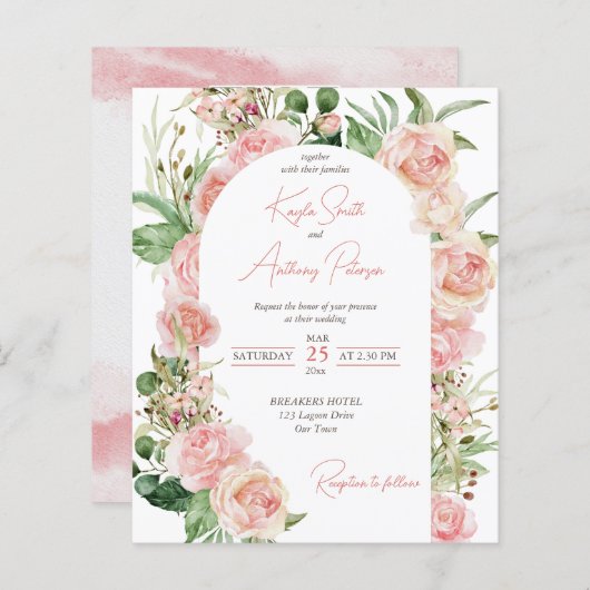 Begroting met een roze roze roodroos met een trouw (Voorkant / Achterkant)