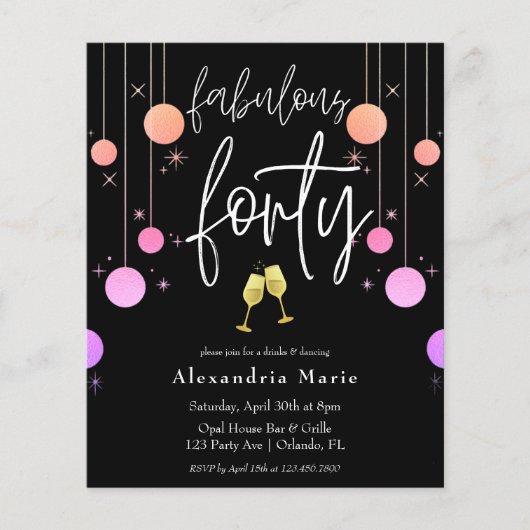 Begroting Modern Sparkle "Fabulous Forty" Birthday (Voorkant)