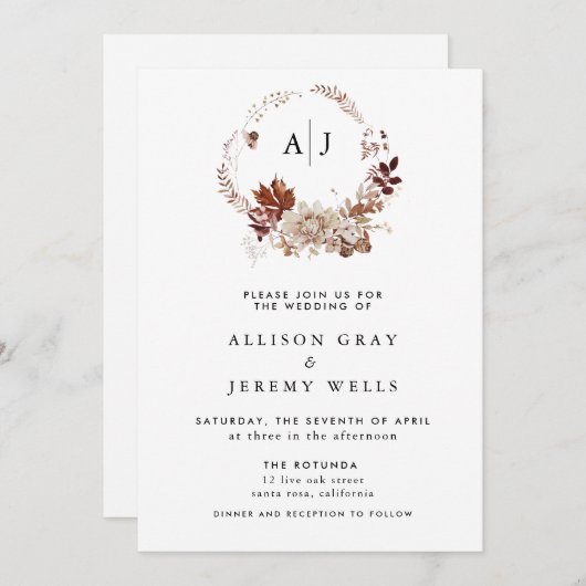 Begroting najaar monogram bruiloft kaart (Voorkant / Achterkant)