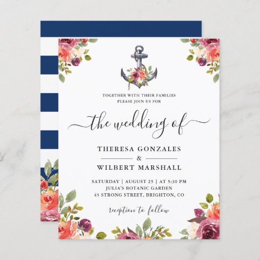 Begroting Nautical Anchor Floral Wedding Invitatio (Voorkant / Achterkant)