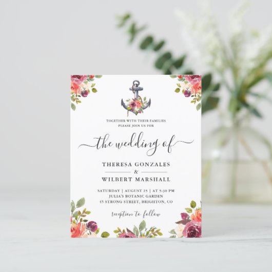 Begroting Nautical Anchor Floral Wedding Invitatio (Staand voorkant)