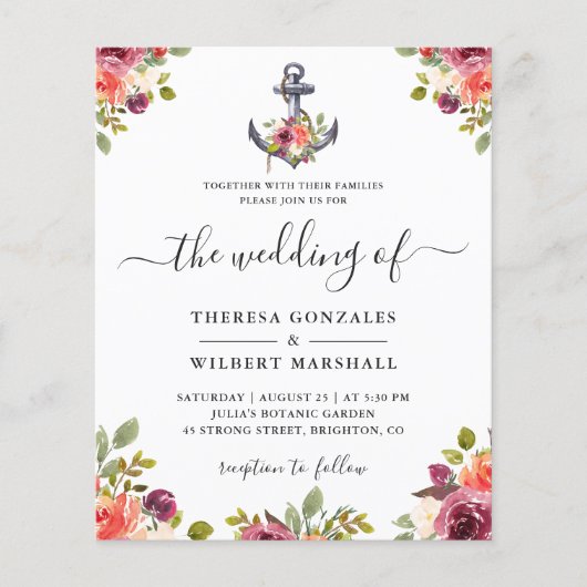Begroting Nautical Anchor Floral Wedding Invitatio (Voorkant)
