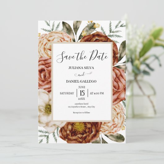 Begroting Neutral Boho terracotta Save the Date Kaart (Staand voorkant)
