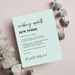 Begroting Nieuwe Wedding Venue Mint Green kondigin<br><div class="desc">Een budgetvriendelijke lichtmunt geeft een groene trouwversie van de locatieaankondiging met "trouwupdate nieuwe locatie", geschreven in een mix van een hedendaags script en een gewaagde trendy typografie (je kunt dit veranderen in "nieuwe datum", "kleinere bruiloft", enz.). Pas uw nieuw plaatsbericht aan, voeg uw namen in een handtekeningsachtig manuscript toe en...</div>