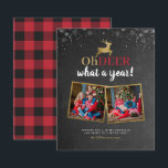 Begroting Oh Deer Tartan Chalkboard 2 Foto Holiday<br><div class="desc">Deze feestelijke fotokaart is perfect voor elke familie die een leuke maar moderne kerstfotokaart wil sturen. Dit ontwerp is voorzien van "Oh hert, wat een jaar!" in een combinatie van modern schrift en handgeschreven script met een rendier bovenaan in een faux gouden folie script, geplaatst boven op een chroalkboardachtergrond met...</div>