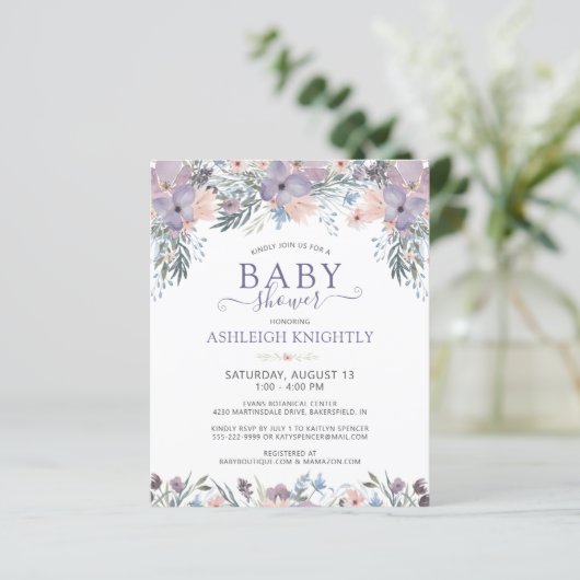 Begroting Paars Baby shower Floral Wildflower (Staand voorkant)