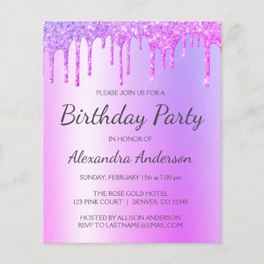 Begroting Paars Glitter Elke Age Birthday Party Flyer (Voorkant)