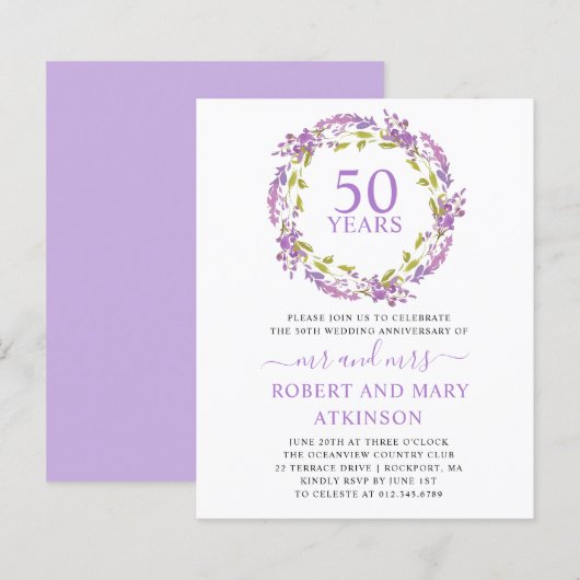 Begroting Paarse Floral 50e Jubileum Uitnodiging (Voorkant / Achterkant)