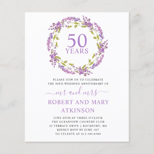 Begroting Paarse Floral 50e Jubileum Uitnodiging (Voorkant)