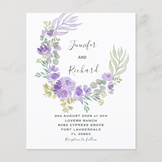 Begroting Paarse Floral & Eucalyptus Wedding Invit (Voorkant)