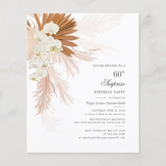 Begroting Pampas Grass 60th Birthday Party Uitnodi (Voorkant)