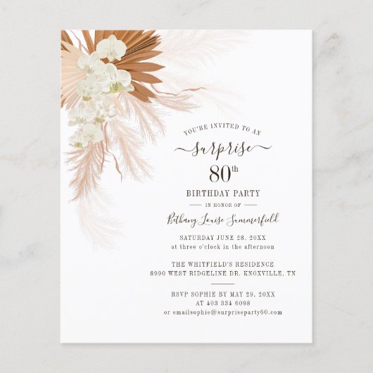 Begroting Pampas Grass 80th Birthday Party Uitnodi (Voorkant)