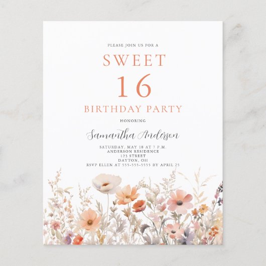 Begroting Peach Floral Sweet 16 Birthday Invitatio Flyer (Voorkant)