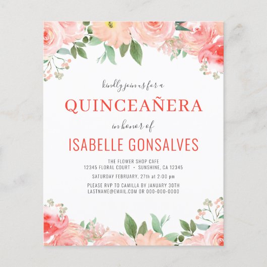 Begroting Peach QUINCEAÑERA Birthday Coral Invitat Flyer (Voorkant)