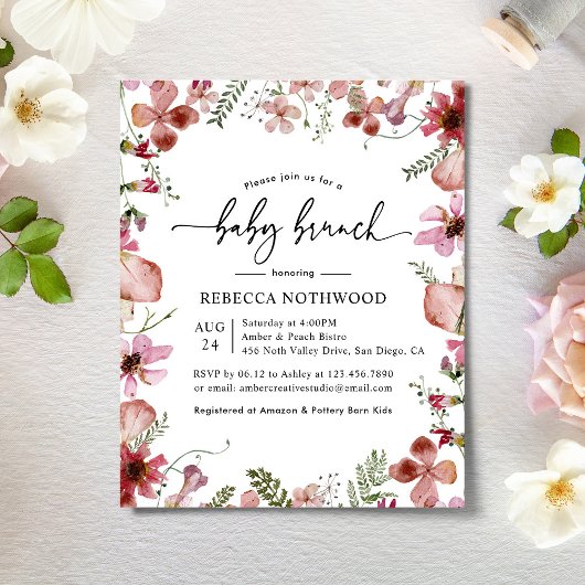 Begroting persroze Florals Baby Brunch Uitnodiging