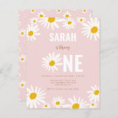 BEGROTING Pink Daisy Flower 1st Birthday Invitatio (Voorkant / Achterkant)