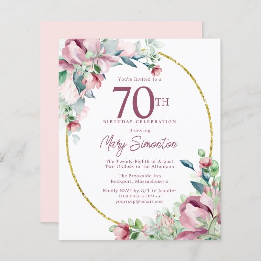 Begroting Pink Floral 70e verjaardag uitnodiging (Voorkant / Achterkant)