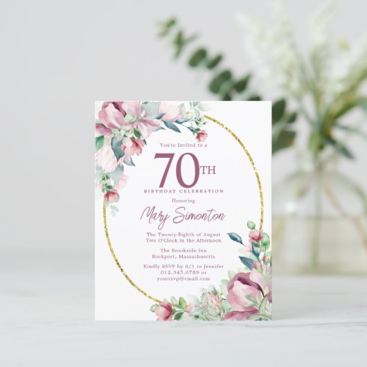 Begroting Pink Floral 70e verjaardag uitnodiging (Staand voorkant)