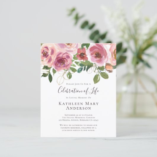 Begroting Pink Floral Celebration of Life Invitati (Staand voorkant)