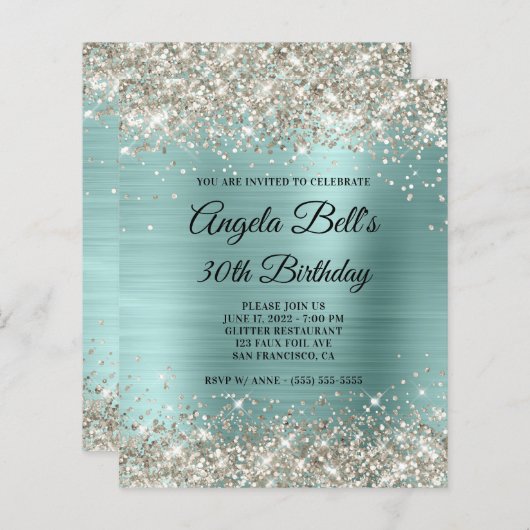 Begroting Platinum Glitter Bleek Turquoise Uitnodi (Voorkant / Achterkant)