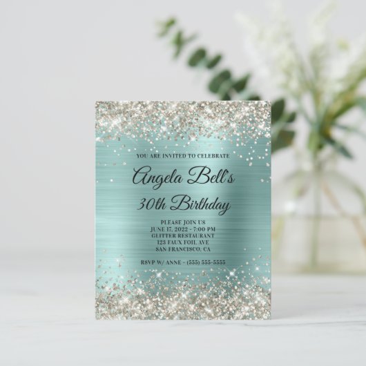 Begroting Platinum Glitter Bleek Turquoise Uitnodi (Staand voorkant)