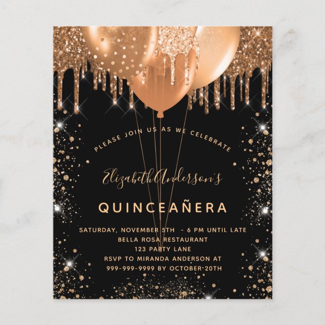 Begroting Quinceanera black gold glitter-uitnodigi (Voorkant)