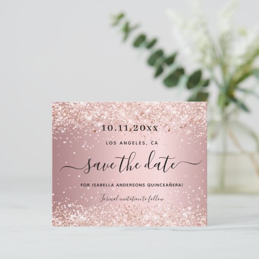 Begroting Quinceanera blush roze behalve datum (Staand voorkant)