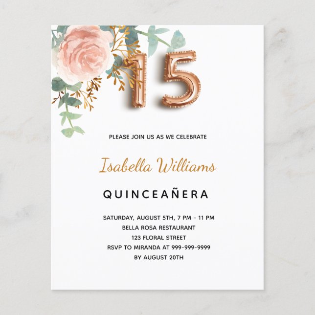 Begroting Quinceanera floral roos Gold eucalyptus (Voorkant)