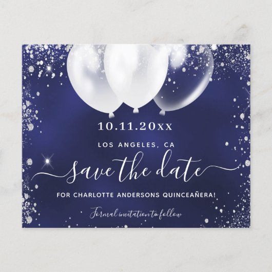 Begroting Quinceanera marvy blue white save date (Voorkant)
