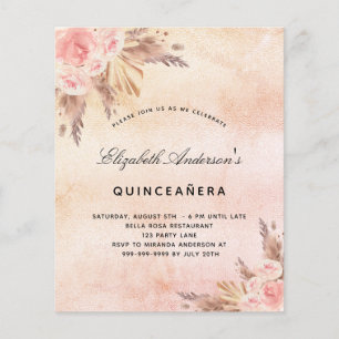 Begroting Quinceanera pampas gras blush uitnodigin
