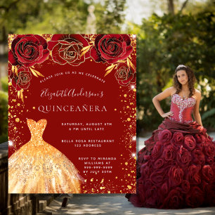 Begroting Quinceanera red gold glitter jurk floral