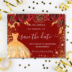 Begroting Quinceanera red gold jurk save the date