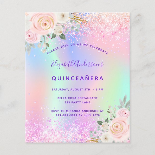 Begroting Quinceanera roze paarse glitter floral (Voorkant)