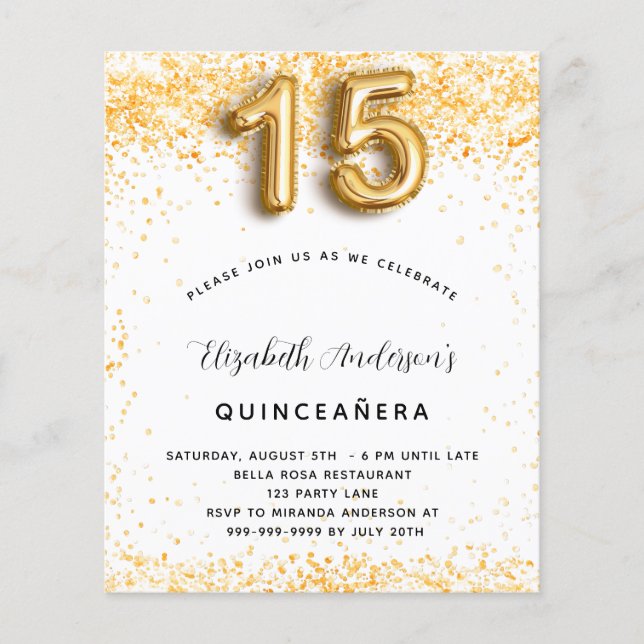 Begroting Quinceanera white gold glitter-uitnodigi (Voorkant)
