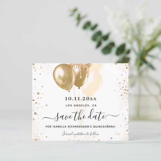 Begroting Quinceanera white gold save the date (Staand voorkant)
