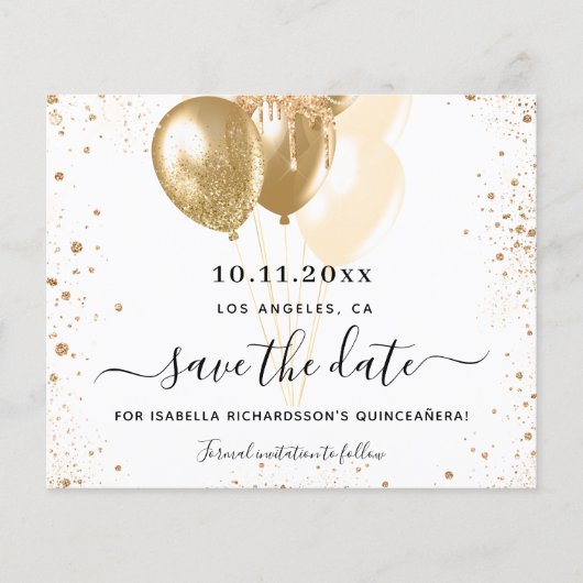Begroting Quinceanera white gold save the date (Voorkant)