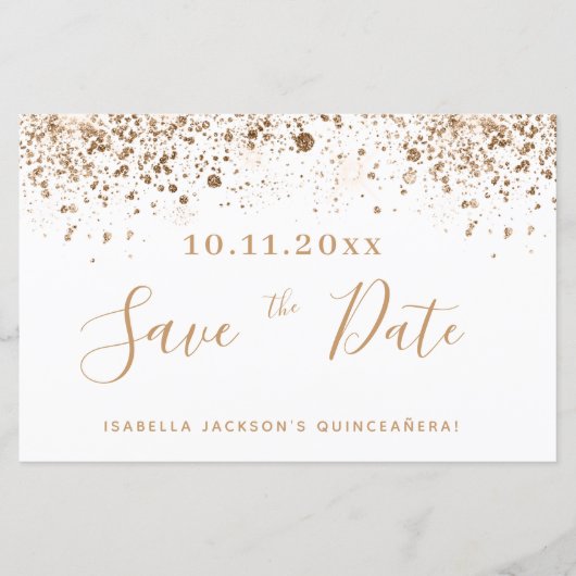 Begroting Quinceanera white gold save the date (Voorkant)