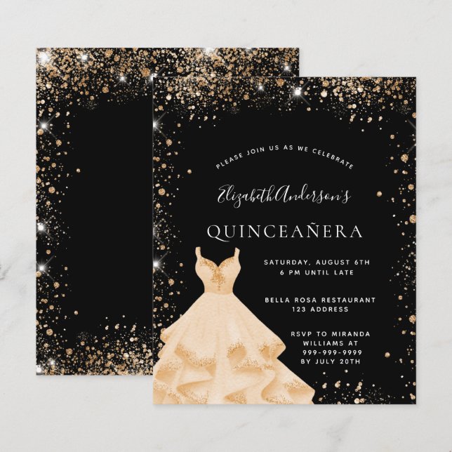 Begroting Quinceanera: zwarte goudglitter (Voorkant / Achterkant)