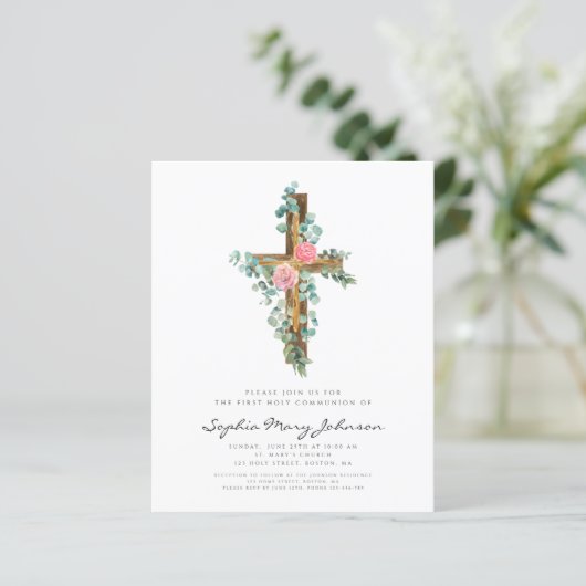 Begroting Religieuze Roze Floral Cross First Commu (Staand voorkant)